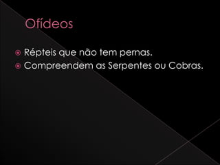  Répteis que não tem pernas.
 Compreendem as Serpentes ou Cobras.
 