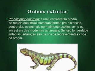 • Procolophonomorpha: é uma controversa ordem 
de répteis que inclui inúmeras formas pré-históricas, 
dentre elas os animais normalmente aceitos como os 
ancestrais das modernas tartarugas. Se isso for verdade 
então as tartarugas são os únicos representantes vivos 
da ordem. 
 