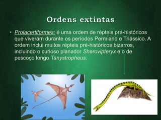 • Prolacertiformes: é uma ordem de répteis pré-históricos 
que viveram durante os períodos Permiano e Triássico. A 
ordem inclui muitos répteis pré-históricos bizarros, 
incluindo o curioso planador Sharovipteryx e o de 
pescoço longo Tanystropheus. 
 