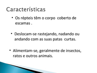 Os répteis têm o corpo  coberto de escamas .  Deslocam-se rastejando, nadando ou andando com as suas patas  curtas. Alimentam-se, geralmente de insectos, ratos e outros animais. 