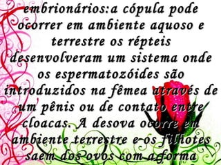 Reprodução com fecundação interna, desenvolvimento direto, ovos com casca e anexos embrionários:a cópula pode ocorrer em ambiente aquoso e terrestre os répteis desenvolveram um sistema onde os espermatozóides são introduzidos na fêmea  através de um pênis ou de contato entre cloacas. A desova ocorre em ambiente terrestre e os filhotes saem dos ovos com a forma adulta, não passando por estágios intermediários de desenvolvimento.   