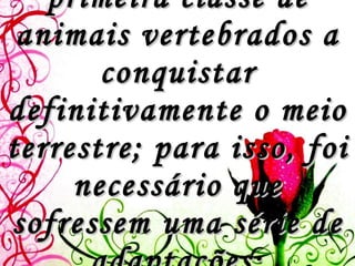 Os répteis constituem a primeira classe de animais vertebrados a conquistar definitivamente o meio terrestre; para isso, foi necessário que sofressem uma série de adaptações: 