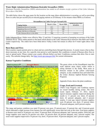 Water Right Administration/Minimum Desirable Streamflow (MDS)
Minimum Desirable Streamflow (MDS) administration has ended on all streams except a portion of the Little Arkansas
River above Alta Mills.

The table below shows the gage name for the location on the map where administration is occuring, as well as providing
flows in cubic feet per second (cfs) at selected gaging stations as of February 16 for streams where MDS is of interest.

                                           Streamflows in Cubic Feet per Second (cfs)
                                                                                         ADMINISTRATION
                                                            March 1, Flow   March MDS
                Gaging Station                                                               STATUS
                Republican River at Concordia                   411            150
                Republican River at Clay Center                 577            200
                Smoky Hill River at Ellsworth                   21             25
                Little Arkansas River at Alta Mills             704             8              5/12/11

Little Arkansas River: Orders were effective May 12 and July 13 requiring cessation of pumping on sections of the Little
Arkansas River. These orders pertain to the basin which drains to the Little Arkansas River between Alta Mills and Valley
Center respectively. The orders have been lifted above Valley Center but remain in effect for 8 water rights above Alta
Mills.

Burn Bans and Fires
Most counties require permits prior to a burn and are controlling burns through that process. A county issues a ban as they
deem necessary at any time, for a specific time period or until repealed. Dry conditions in much of Kansas allow fires to
start or spread easily. Please contact your county officials before you burn. Conditions continue that allow fires to start
easily. The outlooks change daily. See http://www.spc.noaa.gov/fire/ for current information.

Kansas Vegetative Conditions
                                                                            The green colors on the GreenReport map this
                                                                            week indicate areas where winter wheat is
                                                                            sitting dormant in the fields. Most areas in
                                                                            between remain in the yellow color/watch
                                                                            category, as dry conditions have prevailed thru
                                                                            the winter. (Kansas Applied Remote Sensing
                                                                            Program)

                                                                            Appendix B also shows the plant conditions.

                                                                            Crops, Feed and Livestock
                                                                            USDA Crop Progress and Condition reports
                                                                            are issued monthly during winter. The most
                                                                            recent report, February 27, 2012, reports
                                                                            topsoil moisture supplies improved during the
                                                                            month to 11 percent very short, 25 percent
                                                                            short, 62 percent adequate, and 2 percent
                                                                            surplus. A year ago, topsoil moisture supplies
                                                                            were 20 percent very short, 23 percent short,
                                                                            49 percent adequate, and 8 percent surplus.

The range and pasture condition was rated 29 percent very poor, 25 percent poor, 32 percent fair, and 14 percent good,
which indicated a slight increase from January but still significantly worse than last year at this time. Feed grain supplies
in Kansas were rated at 10 percent very short, 18 percent short, 69 percent adequate, and 3 percent surplus, while hay and
forage supplies were rated at 26 percent very short, 28 percent short, 44 percent adequate, and 2 percent surplus. The
stock water supplies improved to 10 percent very short, 19 percent short, 70 percent adequate, and 1 percent surplus.
                                                                                                                           8 
 
 