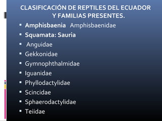 CLASIFICACIÓN DE REPTILES DEL ECUADOR
Y FAMILIAS PRESENTES.
 Amphisbaenia   Amphisbaenidae
 Squamata: Sauria  
  Anguidae
 Gekkonidae
 Gymnophthalmidae
 Iguanidae
 Phyllodactylidae
 Scincidae
 Sphaerodactylidae
 Teiidae
 