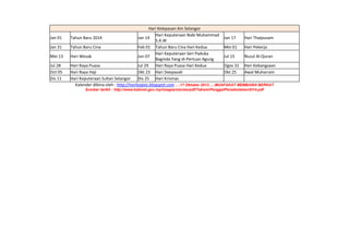 Jan 01
Jan 31
Mei 13
Jul 28
Oct 05
Dis 11

Hari Kelepasan Am Selangor
Hari Keputeraan Nabi Muhammad
Tahun Baru 2014
Jan 14
Jan 17
Hari Thaipusam
S.A.W
Tahun Baru Cina
Feb 01 Tahun Baru Cina Hari Kedua
Mei 01
Hari Pekerja
Hari Keputeraan Seri Paduka
Hari Wesak
Jun 07
Jul 15
Nuzul Al-Quran
Baginda Yang di-Pertuan Agung
Hari Raya Puasa
Jul 29
Hari Raya Puasa Hari Kedua
Ogos 31 Hari Kebangsaan
Hari Raya Haji
Okt 23 Hari Deepavali
Okt 25
Awal Muharram
Hari Keputeraan Sultan Selangor
Dis 25 Hari Krismas
Kalender dibina oleh : http://norlizajais.blogspot.com ….17 Oktober 2013…..MUAFAKAT MEMBAWA BERKAT
Sumber tarikh : http://www.kabinet.gov.my/images/stories/pdf/TakwimPenggalPersekolahan2014.pdf

 