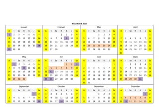 KALENDER 2017
Januari
A I Se R K J Sa
1 2 3 4 5 6 7
8 9 10 11 12 13 14
15 16 17 18 19 20 21
22 23 24 25 26 27 28
29 30 31
Februari
A I Se R K J Sa
1 2 3 4
5 6 7 8 9 10 11
12 13 14 15 16 17 18
19 20 21 22 23 24 25
26 27 28
Mac
A I Se R K J Sa
1 2 3 4
5 6 7 8 9 10 11
12 13 14 15 16 17 18
19 20 21 22 23 24 25
26 27 28 29 30 31
April
A I Se R K J Sa
1
2 3 4 5 6 7 8
9 10 11 12 13 14 15
16 17 18 19 20 21 22
23 24 25 26 27 28 29
30
May
A I Se R K J Sa
1 2 3 4 5 6
7 8 9 10 11 12 13
14 15 16 17 18 19 20
21 22 23 24 25 26 27
28 29 30 31
Jun
A I Se R K J Sa
1 2 3
4 5 6 7 8 9 10
11 12 13 14 15 16 17
18 19 20 21 22 23 24
25 26 27 28 29 30
Julai
A I Se R K J Sa
1
2 3 4 5 6 7 8
9 10 11 12 13 14 15
16 17 18 19 20 21 22
23 24 25 26 27 28 29
30 31
Ogos
A I Se R K J Sa
1 2 3 4 5
6 7 8 9 10 11 12
13 14 15 16 17 18 19
20 21 22 23 24 25 26
27 28 29 30 31
September
A I Se R K J Sa
1 2
3 4 5 6 7 8 9
10 11 12 13 14 15 16
Oktober
A I Se R K J Sa
1 2 3 4 5 6 7
8 9 10 11 12 13 14
15 16 17 18 19 20 21
November
A I Se R K J Sa
1 2 3 4
5 6 7 8 9 10 11
12 13 14 15 16 17 18
Disember
A I Se R K J Sa
1 2
3 4 5 6 7 8 9
10 11 12 13 14 15 16
 