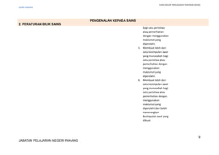 RANCANGAN PENGAJARAN TAHUNAN (KSSR)
SAINS TAHUN5
PENGENALAN KEPADA SAINS
2. PERATURAN BILIK SAINS
bagi satu peristiwa
atau pemerhatian
dengan menggunakan
maklumat yang
diperolehi.
5. Membuat lebih dari
satu kesimpulan awal
yang munasabah bagi
satu peristiwa atau
pemerhatian dengan
menggunakan
maklumat yang
diperolehi.
6. Membuat lebih dari
satu kesimpulan awal
yang munasabah bagi
satu peristiwa atau
pemerhatian dengan
menggunakan
maklumat yang
diperolehi dan boleh
menerangkan
kesimpulan awal yang
dibuat.
9
JABATAN PELAJARAN NEGERI PAHANG
 