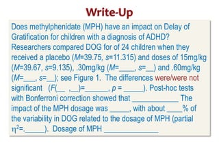 Does methylphenidate (MPH) have an impact on Delay of 
Gratification for children with a diagnosis of ADHD? 
Researchers compared DOG for of 24 children when they 
received a placebo (M=39.75, s=11.315) and doses of 15mg/kg 
(M=39.67, s=9.135), .30mg/kg (M=____, s=__) and .60mg/kg 
(M=___, s=__); see Figure 1. The differences were/were not 
significant (F(__ ,__)=______, p = _____). Post-hoc tests 
with Bonferroni correction showed that ____________ The 
impact of the MPH dosage was _____, with about ____% of 
the variability in DOG related to the dosage of MPH (partial 
2=._____). Dosage of MPH ______________ 
 