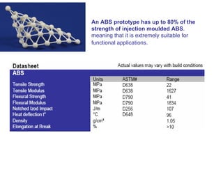 An ABS prototype has up to 80% of the
strength of injection moulded ABS.
meaning that it is extremely suitable for
functional applications.
 