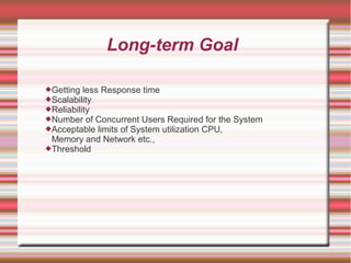 Long-term Goal
Getting less Response time
Scalability
Reliability
Number of Concurrent Users Required for the System
Acceptable limits of System utilization CPU,
Memory and Network etc.,
Threshold
 
