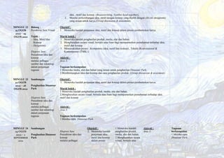 idea , motif dan konsep. (Brainstorming, Number head together).
2. Menilai perkembangan idea, motif dengan konsep yang dipilih dengan ciri-ciri designomic
yang sesuai untuk karya.(Group discussion & assesment)
MINGGU 22
15 OGOS
2022 – 19
OGOS 2022
Bidang :
Pemikiran Seni Visual
Tajuk :
- Idea, Motif dan
Konsep
- Designomic
Ekspresi Seni
Penzahiran idea dan
konsep
melalui pelbagai
sumber dan teknologi
dalam penjanaan
tugasan
Objektif :
1. Meneroka kaedah penjanaan idea, motif dan konsep dalam proses pembentukan karya.
Murid boleh :
1. Meneroka kaedah penghasilan produk, media, alat dan bahan.
2. Menghuraikan secara visual, bertulis atau lisan bagi mempamerkan pemahaman terhadap idea,
motif dan konsep
3. Mencerakinkan proses : Komponen (idea, motif dan konsep) , Teknik (Konvensional &
Kontemporari (TMK) )
Aktiviti :
Aras 3:
Tugasan berkumpulan:
1.Meneroka media, alat dan bahan yang sesuai untuk penghasilan Dinasour Park.
2.Membentangkan idea dan konsep dan cara penghasilan produk. (Group discussion & assesment)
MINGGU 23
22 OGOS
2022 – 26
OGOS 2022
Sambungan
Penghasilan Dinasour
Park
Ekspresi Seni
Penzahiran idea dan
konsep
melalui pelbagai
sumber dan teknologi
dalam penjanaan
tugasan
Objektif :
1. Meneroka kaedah penjanaan idea, motif dan konsep dalam proses pembentukan karya.
Murid boleh :
1.Meneroka kaedah penghasilan produk, media, alat dan bahan.
2.Menghuraikan secara visual, bertulis atau lisan bagi mempamerkan pemahaman terhadap idea,
motif dan konsep
Aktiviti :
Aras 3:
Tugasan berkumpulan:
1.Mereka cipta Dinasour Park.
MINGGU 24
29 OGOS
2022 – 2
SEPTEMBER
2022
Sambungan
Penghasilan Dinasour
Park
Ekspresi Seni
Penzahiran idea dan
konsep
melalui pelbagai
Objektif :
2. Meneroka kaedah
penjanaan idea,
motif dan konsep
dalam proses
1.Meneroka kaedah
penghasilan produk,
media, alat dan bahan.
2.Menghuraikan secara
visual, bertulis atau
Aktiviti :
Aras 3:
Tugasan
berkumpulan:
1.Mereka cipta
Dinasour Park.
 