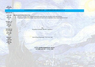 2022 – 9
DISEMBER
2022
CUTI PENGGAL 3( 10 DISEMBER 2022 – 31 DISEMBER 2022) MINGGU 39 - 41
MINGGU 42
3 JANUARI
2023 – 6
JANUARI
2023
Apresiasi dan Kritikan Karya Seni
 Menanam semangat untuk sentiasa memperbaiki kualiti karya dan memupuk minat untuk berkarya
 Penghargaan kepada semua pelajar yang sentiasa berusaha untuk menghasilkan karya yang kreatif dan inovatif.
MINGGU 43
9 JANUARI
2023 – 13
JANUARI
2023
PBS
Kemaskini Perekodan PBS PSV Tingkatan 1
MINGGU 44
16 JANUARI
2023 – 20
JANUARI
2023
MINGGU
45-48
23 JANUARI
2023 -17
FEBRUARI
2023
Aktiviti Pasca Peperiksaan : Fun Art for Sale
CUTI AKHIR PERSEKOLAHAN
18 FEBRUARI 2023 – 12 MAC 2023
 