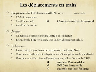 Les déplacements en train
Fréquences du TER Laneuveville-Nancy :




12 A/R en semaine
7 A/R le samedi
4 A/R le dimanche



(source SNCF)

fréquence à améliorer le week-end

Atouts :



Un temps de parcours minime (entre 4 et 7 minutes)
Emprunter le TER vers Nancy avec un titre de transport urbain

Faiblesses :




Laneuveville, la gare la moins bien desservie du Grand Nancy
Gare peu accueillante et inadaptée en cas d’intempéries ou de grand froid
Gare peu surveillée = fortes dégradations malgré les efforts de la SNCF




améliorer l’intermodalité
P+R Gare Laneuveville
passerelle vers les 5 Fontaines

 