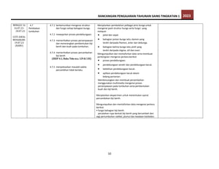 RANCANGAN PENGAJARAN TAHUNAN SAINS TINGKATAN 1 2023
10
MINGGU 16
16.07.23-
20.07.23
CUTI AWAL
MUHARAM:
19.07.23
(RABU)
4.7
Pembiakan
tumbuhan
4.7.1 berkomunikasi mengenai struktur
dan fungsi setiap bahagian bunga.
4.7.2 mewajarkan proses pendebungaan.
4.7.3 memerihalkan proses persenyawaan
dan menerangkan pembentukan biji
benih dan buah pada tumbuhan.
4.7.4 memerihalkan proses percambahan
biji benih
(EKSP 4.1; Buku Teks m.s. 129 & 130)
4.7.5 menyelesaikan masalah aabila
percambhan tidak berlaku.
Menjalankan pembelahan pelbagai jenis bunga untuk
mengenal pasti struktur bunga serta fungsi yang
meliputi:
 petal dan sepal.
 bahagian jantan bunga iaitu stamen yang
terdiri daripada filamen, anter dan debunga.
 bahagian betina bunga iaitu pistil yang
terdiri daripada stigma, stil dan ovari.
Mengumpulkan dan mentafsirkan data serta membuat
perkongsian mengenai perkara berikut:
 proses pendebungaan.
 pendebungaan sendiri dan pendebungaan kacuk.
 kelebihan pendebungaan kacuk.
 aplikasi pendebungaan kacuk dalam
bidang pertanian.
Membincangkan dan membuat persembahan
menggunakan multimedia mengenai proses
persenyawaan pada tumbuhan serta pembentukan
buah dan biji benih.
Menjalankan eksperimen untuk menentukan syarat
percambahan biji benih.
Mengumpulkan dan mentafsirkan data mengenai perkara
berikut:
• fungsi bahagian biji benih.
perubahan rupa bentuk biji benih yang bercambah dari
segi pertumbuhan radikel, plumul dan keadaan kotiledon.
Cadangan PBL :
Projek Taman Sains - Projek
GMO
 