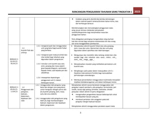 RANCANGAN PENGAJARAN TAHUNAN SAINS TINGKATAN 1 2023
3
 tindakan yang perlu diambil jika berlaku kemalangan
dalam makmal seperti terkena/tertelan bahan kimia, luka
dan terhidugas beracun.
Membincangkan dan mencadangkan penggunaan radas
yang sesuai semasa melakukan penyiasatan
saintifik/eksperimen bagi menjimatkan masa dan
penggunaan bahan.
Perlu ditegaskan pentingnya mengamalkan sikap berhati-
hati dan cermat bagi menjamin keselamatan diri dan orang
lain serta menggelakkan pembaziran.
MINGGU 3
02.04.23-
06.04.23
1.3
Kuantiti fizik dan
unitnya
1.3.1 mengenal pasti dan menggunakan
unit yang betul bagi kuantiti fizikal
yang berbeza.
1.3.2 mengenal pasti maksud simbol dan
nilai simbol bagi imbuhan yang
digunakan dalam pengukuran.
1.3.3 menukar unit kuantiti asas iaitu
jisim, panjang dan masa seperti
gram kepada kilogram, sentimeter
kepada meter, saat kepada jam dan
sebaliknya.
1.3.4 mewajarkan kepentingan
penggunaan unit S.I dalam
kehidupan harian.
 Menjalankan aktiviti kuantiti fizikal iaitu iaitupanjang,
jisim, masa dan suhu. Memerhati nilai dan unit yang
digunakan dalam spesifikasi dan label barangan.
 Mengumpul dan mentafsir data tentang simbol dan nilai
symbol bagi nilai imbuhan iaitu nano-, mikro-, mili_,
senti_, kilo_, mega_, giga _.
 Menyelesaikan masalah yang melibatkan pertukaran unit
kuantiti asas.
 Menghargai usaha pakar dalam mewujudkan unit S.I.
(Système International d’Unités) bagi memudahkan
perhubungan antarabangsa.
 Membuat persembahan menggunakan multimedia menyedari
implikasi ketidakseragaman unit dalam kehidupan harian.
MINGGU 4
09.04.23-
13.04.23
1.4
Penggunaan alat
pengukur,
kejituan,
kepersisan,
kepekaan dan
ralat
1.4.1 menggunakan alat pengukur yang
betul dan dengan cara yang betul,
untuk mengukur dengan persis dan
jitu kuantiti panjang, jisim, masa,
suhu dan arus elektrik.
1.4.2 menggunakan alat pengukuran yang
lebih jitu bagi membandingkan
kejituan, kepersisan dan kepekaan
dalam pengukuran.
Menjalankan aktiviti secara berstesen menggunakan alat
pengukur seperti pembaris, pita pengukur, termometer, jam
randik, neraca tiga palang,ammeter, voltmeter, silinder
penyukat. Dalam aktiviti ini perlu ditegaskan:
 mengamalkan pengambilan bacaan beberapa kali untuk
mendapatkan bacaan yang jitu.
 membuat perkaitan nilai senggatan pada alat
pengukur dengan kejituan bacaan.
Menjalankan aktiviti menggunakan peralatan seperti skala
 
