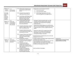 RANCANGAN PENGAJARAN TAHUNAN SAINS TINGKATAN 1 2023
9
MINGGU 13
25.06.23-
29.06.23
CUTI HARI
RAYA AIDIL
ADHA:
29.06.23-
30.06.239
(KHAMIS-
JUMAAT)
4.4
Persenyawaan
dan kehamilan
4.4.1 berkomunikasi mengenai proses
persenyawaan dan penempelan
embrio.
4.4.2 mewajarkan kepentingan dan
fungsi plasenta dan tali pusat.
4.4.3 memerihalkan perkembangan zigot
kepada embrio dan seterusnya
kepada fetus dalam tempoh
kehamilan sehingga kelahiran.
Menggunakan multimedia bagi menjelaskan:
 proses persenyawaan.
 proses penempelan embrio.
 perkembangan zigot kepada embrio dan
seterusnya kepada fetus sehingga kelahiran.
MINGGU 14
02.07.23-
06.07.23
4.5
Faktor yang
mempengaruhi
perkembangan
fetus dan bayi
4.5.1 menghubungkait kepentingan
pengambilan makanan yang
berkhasiat kepada kesihatan ibu dan
fetus semasa kehamilan.
4.5.2 mewajarkan kepentingan mengelak
daripada mengambil bahan yang
boleh memudaratkan fetus.
4.5.3 mewajarkan kebaikan penyusuan
susu ibu kepada perkembangan bayi
berbanding susu formula.
4.5.4 menyedari bahawa setiap makhluk
yang bernyawa mempunyai hak
untuk hidup walaupun dalam
kandungan.
Perkongsian maklumat daripada pakar nutrisi dan
membuat hubungan sebab dan akibat mengenai
pengambilan nutrisi yang berkhasiat sepanjang
tempoh kehamilan.
Menyelesaikan masalah keguguran atau kelahiranbayi
tidak normal/sihat disebabkan oleh gaya hidup ibu yang
mengandung seperti merokok, mengambil dadah dan
alkohol.
Mengumpul maklumat dan menginterpretasi kesan
penyusuan susu ibu kepada perkembangan bayi
dibandingkan dengan susu formula bayi dengan
membuat persembahan multimedia.
Membuat keputusan terhadap penyusuan susu ibu atau
penggunaan susu formula.
MINGGU 15
09.07.23-
13.07.23
4.6
Kemandulan
dan pencegahan
kehamilan
4.6.1 berkomunikasi mengenai
kemandulan dan cara mengatasinya
4.6.2 membezakan kaedah pencegahan
kehamilan.
4.6.3 menyedari kepentingan
mengamalkan pemeriksaan
kesihatan dan mendapat rawatan
segera apabila menghadapi masalah
sistem pembiakan.
4.6.4 mengkritik penyalahgunaan
pengetahuan tentang kaedah
pencegahan kehamilan dan
kesannya kepada masyarakat.
• Kaedah mengatasi kemandulan seperti rawatan hormon,
pembedahan dan kaedah in vitro.
• Cara pencegahan kehamilan bagi pasangan suami isteri
seperti pengambilan pil pencegah hamil, implan,
penggunaan kondom dan alat kontraseptif dalam uterus
(Intrauterine Contraceptive Device, IUCD).
Aktiviti perdebatan dicadangkan.
Cadangan PBL :
Projek kesedaran tentang kes buang
bayi dan kelahiran luar nikah
 