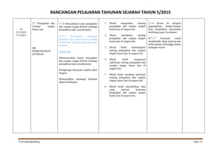 RANCANGAN PELAJARAN TAHUNAN SEJARAH TAHUN 5/2015
Yati/shaaripahang Page 10
14
13.4.2015
17.4.2015
7.1 Penjajahan dan
Campur tangan
Kuasa luar
DK:
PERKONGSIAN
SEJARAH
7.1.4 Menyatakan kesan penjajahan
dan campur tangan British terhadap
pentadbiran dan sosioekonomi
K7.1.7 Menyatakan semangat
kekitaan dan kebersamaan dalam
membentuk Negara yang aman dan
makmur
OBJEKTIF
Menyenaraikan kesan penjajahan
dan campur tangan British terhadap
pentadbiran dan sosioekonomi.
Menghargai kekayaan sumber alam
Negara.
Menunjukkan semangat kekitaan
dalam kehidupan.
1. Murid mengetahui tentang
penjajahan dan campur tangan
kuasa luar di negara kita
2. Murid memahami tentang
penjajahan dan campur tangan
kuasa luar di negara kita
3. Murid boleh menerangkan
tentang penjajahan dan campur
tangan kuasa luar di negara kita
4. Murid boleh menguasai
maklumat tentang penjajahan dan
campur tangan kuasa luar di
negara kita.
5. Murid boleh membuat penilaian
tentang penjajahan dan campur
tangan kuasa luar di negara kita.
6. Murid boleh menzahirkan idea
yang rasional berkaitan
penjajahan dan campur tangan
kuasa luar di negara kita.
7.1.4 Kesan ini meliputi
pegangkutan , bandar-bandar
baru, pendidikan, masyarakat
berbilang kaum, kesihatan)
K7.1.7 bertujuan untuk
membentuk sikap sepunya dan
kebersamaan berbangga dalam
kalangan murid.
 