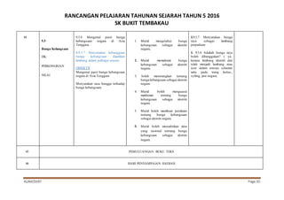 RANCANGAN PELAJARAN TAHUNAN SEJARAH TAHUN 5 2016
SK BUKIT TEMBAKAU
ALAM/SKBT Page 30
44
9.5
Bunga Kebangsaan
DK:
PERKONGSIAN
NILAI
9.5.4 Mengenal pasti bunga
kebangsaan negara di Asia
Tenggara.
K9.5.7 Menyatakan kebanggaan
bunga kebangsaan dijadikan
lambang dalam pelbagai urusan.
OBJEKTIF
Mengenal pasti bunga kebangsaan
negara di Asia Tenggara
Menyatakan rasa bangga terhadap
bunga kebangsaan
1. Murid mengetahui bunga
kebangsaan sebagai identiti
negara.
2. Murid memahami bunga
kebangsaan sebagai identiti
negara.
3. boleh menerangkan tentang
bunga kebangsaan sebagai identiti
negara.
4. Murid boleh menguasai
maklumat tentang bunga
kebangsaan sebagai identiti
negara.
5. Murid boleh membuat penilaian
tentang bunga kebangsaan
sebagai identiti negara.
6. Murid boleh menzahirkan idea
yang rasional tentang bunga
kebangsaan sebagai identiti
negara.
K9.5.7 Menyatakan bunga
raya sebagai lambang
perpaduan
K 9.5.8 Adakah bunga raya
boleh dibanggakan? ( ya..
kerana lambang identiti dan
telah menjadi lambang atau
icon dalam urusan seharian
iaitu pada wang kertas,,
syiling, jata negara,
45 PEMULUANGAN BUKU TEKS
46 HARI PENYAMPAIAN HADIAH
 