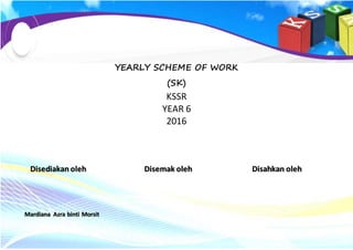 1
Yearly Scheme of Work KSSR Year 6(2016)/MardianaAzraMorsit
ENGLISH LANGUAGE
YEARLY SCHEME OF WORK
(SK)
KSSR
YEAR 6
2016
Disediakan oleh Disemak oleh Disahkan oleh
Mardiana Azra binti Morsit
 