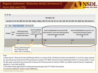 Confidential. NSDL e-Gov Internal useonly
Regular statement -Deductee details (Annexure I)
Form 26Q and 27Q
Note:
1.New column “Amount of cash withdrawal which is in excess of Rs. 20 lakhs but does not exceed Rs. 1 crore for cases covered
by sub-clause (a) of clause (ii) of first provision to section 19" AND “Amount of cash withdrawal which is in access of Rs. 1 crore
for 4N cases covered by sub-clause (b) of clause (ii) of first provision to section 194N” are added under Annexure I (Deductee
details) in Form 26Q and27Q.
2.This field will be applicable for statements pertaining to Q2 of FY 2020-21onwards.
Newly added fieldsfor
form 26Q and 27Q.
Refer note 1 & 2below
3.It will be enabled for section code 194NFonly.
 