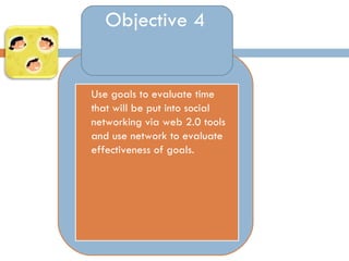 Objective 4 Use goals to evaluate time that will be put into social networking via web 2.0 tools and use network to evaluate effectiveness of goals. 