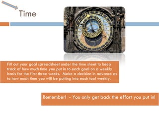 Time Fill out your goal spreadsheet under the time sheet to keep track of how much time you put in to each goal on a weekly basis for the first three weeks.  Make a decision in advance as to how much time you will be putting into each tool weekly.  Remember!  - You only get back the effort you put in!  