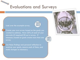 Evaluations and Surveys Look over the example survey.  Create your own survey based on the goals you wanted to address.  Have 25% of each of your networks (if required) fill out a survey.  If necessary based on goals create more than one survey Use these findings and personal reflection to analyze your goals, rescore each of them, and make changes as necessary.  