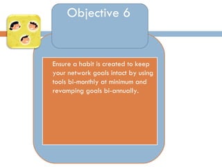 Objective 6 Ensure a habit is created to keep your network goals intact by using tools bi-monthly at minimum and revamping goals bi-annually. 