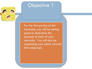 Objective 1 For the first portion of this instruction you will be setting goals to determine the purpose of each of your networks.  You will also be organizing your entire network into subgroups. 