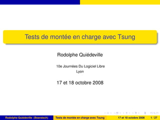 Tests de montée en charge avec Tsung
Rodolphe Quiédeville
10e Journées Du Logiciel Libre
Lyon
17 et 18 octobre 2008
Rodolphe Quiédeville (Bearstech) Tests de montée en charge avec Tsung 17 et 18 octobre 2008 1 / 27
 