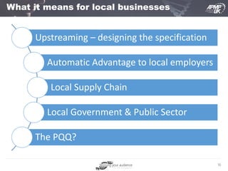 16
What it means for local businesses
Upstreaming – designing the specification
Automatic Advantage to local employers
Local Supply Chain
Local Government & Public Sector
The PQQ?
 