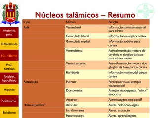 Neuroanatomia do diencéfalo
Núcleos talâmicos – Resumo
Tipo Núcleo Função
Relé Ventrobasal Informação somatossensorial
para córtex
Geniculado lateral Informação visual para córtex
Geniculado medial Informação auditiva para
córtex
Ventrolateral Retroalimentação motora do
cerebelo e gânglios da base
para córtex motor
Ventral anterior Retroalimentação motora dos
gânglios da base para o córtex
Rombóide Informação multimodal para o
córtex
Associação Pulvinar Percepção visual, atenção
visuoespacial
Dorsomedial Atenção visuoespacial, “tônus”
emocional
Anterior Aprendizagem emocional?
“Não-específico” Reticular Alerta, ciclo sono-vigília
Intralaminares Alerta, excitação
Paramedianos Alerta, aprendizagem
Anatomia
geral
III Ventrículo
Nu. tálamo
Proj.
corticais
Núcleos
hipotálamo
Hipófise
Subtálamo
Epitálamo
 