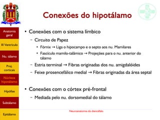 Neuroanatomia do diencéfalo
Conexões do hipotálamo
●
Conexões com o sistema límbico
– Circuito de Papez
●
Fórnix Liga o hipocampo e o septo aos nu. Mamilares→
●
Fascículo mamilo-talâmico Projeções para o nu. anterior do→
tálamo
– Estria terminal Fibras originadas dos nu. amigdalóides→
– Feixe prosencefálico medial Fibras originadas da área septal→
●
Conexões com o córtex pré-frontal
– Mediada pelo nu. dorsomedial do tálamo
Anatomia
geral
III Ventrículo
Nu. tálamo
Proj.
corticais
Núcleos
hipotálamo
Hipófise
Subtálamo
Epitálamo
 