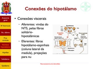 Neuroanatomia do diencéfalo
Conexões do hipotálamo
● Conexões viscerais
– Aferentes: vindas do
NTS, pelas fibras
solitário-
hipotalâmicas
– Eferentes: fibras
hipotálamo-espinhais
(coluna lateral da
medula), projeções
para nu
Anatomia
geral
III Ventrículo
Nu. tálamo
Proj.
corticais
Núcleos
hipotálamo
Hipófise
Subtálamo
Epitálamo
 