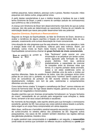orelhas pequenas, baixa estatura, pescoço curto e grosso, flacidez muscular, mãos
pequenas com dedos curtos, prega palmar única.
A partir destas características é que o médico levanta a hipótese de que o bebê
tenha Síndrome de Down, e pede o exame do cariótipo (estudo de cromossomos)
que confirma ou não a Síndrome.
A criança com Síndrome de Down tem desenvolvimento mais lento do que as outras
crianças. Isto não pode ser determinado ao nascimento. Precisa de um trabalho de
estimulação desde que nasce para poder desenvolver todo seu potencial.
Aspectos Cármicos, Espirituais e Reencarnatórios
Segundo os Amigos da Espiritualidade, ao falar da Síndrome de Down, devemos a
avaliar a tendência de alguns espíritos à fixação em determinados fatos do seu
passado, ocasionando uma curiosa dissociação de níveis conscienciais.
Uma situação de vida pregressa que lhe seja atraente, chama a sua atenção e, toda
a energia deste nível de consciência, volta-se para esta vivência. Assim, por
afinidade, outros níveis se fixam nesta mesma vivência, formando o que a
Espiritualidade convencionou chamar de grupo fechado de níveis conscienciais.
Este "fenômeno" pode ocorrer em uma
encarnação e se perpetuar por tantas outras,
sendo agravado pela formação de vários
grupos distintos. Com isso, perde-se
gradativamente, a capacidade de vivenciar
as conexões entre as diversas vidas que
temos, E o espírito portador desta anomalia,
passa a ver estas existências como se
fossem distintas uma da outra e vividas por
espíritos diferentes. Sabe da existência de todos, mas não consegue vê-los como
partes de um único ser e, portanto, os avalia como "vizinhos" (termo usado por um
nível de consciência de portador de SD durante sintonia mediúnica para
desdobramento múltiplo), com tom de pele, vestimentas e comportamentos
diferentes uns dos outros.
Como todos fomos criados "à imagem e semelhança de Deus", somos criaturas em
busca da harmonia total. Ao fugir desse destino traçado, geramos carmas, os quais
precisam ser resgatados e transmutados.
Aqueles espíritos que por diversas encarnações formatizaram os "grupos fechados
de níveis", necessitarão de um período para reorganizar suas emoções e, desta
forma, tornarem a ter seus corpos alinhados e saudáveis.
No momento da fecundação, este espírito atrairá para sua formação o cromossomo
excedente, gerador da SD. Isso porque seu corpo astral já estava lesado e portanto,
daria origem a um corpo físico comprometido em vários aspectos.
Além disso, verifica-se o hemisfério cerebral esquerdo escurecido e com mecanismo
de curtos-circuitos no cérebro etérico dos portadores da SD. Segundo outros
pesquisadores, nos casos de SD, existem também distúrbios nas regiões etéricas
das glândulas pituitárias, tireóide e timo.
A região cerebral mais comprometida é o cerebelo e, em seguida, o mesencéfalo
(onde estão os centros que controlam os reflexos visuais e auditivos) e a ponte (por
120
 