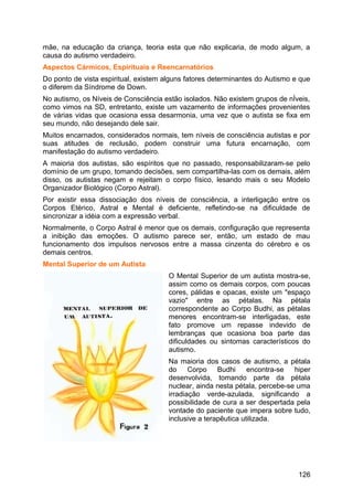 mãe, na educação da criança, teoria esta que não explicaria, de modo algum, a
causa do autismo verdadeiro.
Aspectos Cármicos, Espirituais e Reencarnatórios
Do ponto de vista espiritual, existem alguns fatores determinantes do Autismo e que
o diferem da Síndrome de Down.
No autismo, os Níveis de Consciência estão isolados. Não existem grupos de nÍveis,
como vimos na SD, entretanto, existe um vazamento de informações provenientes
de várias vidas que ocasiona essa desarmonia, uma vez que o autista se fixa em
seu mundo, não desejando dele sair.
Muitos encarnados, considerados normais, tem níveis de consciência autistas e por
suas atitudes de reclusão, podem construir uma futura encarnação, com
manifestação do autismo verdadeiro.
A maioria dos autistas, são espíritos que no passado, responsabilizaram-se pelo
domínio de um grupo, tomando decisões, sem compartilha-las com os demais, além
disso, os autistas negam e rejeitam o corpo físico, lesando mais o seu Modelo
Organizador Biológico (Corpo Astral).
Por existir essa dissociação dos níveis de consciência, a interligação entre os
Corpos Etérico, Astral e Mental é deficiente, refletindo-se na dificuldade de
sincronizar a idéia com a expressão verbal.
Normalmente, o Corpo Astral é menor que os demais, configuração que representa
a inibição das emoções. O autismo parece ser, então, um estado de mau
funcionamento dos impulsos nervosos entre a massa cinzenta do cérebro e os
demais centros.
Mental Superior de um Autista
O Mental Superior de um autista mostra-se,
assim como os demais corpos, com poucas
cores, pálidas e opacas, existe um "espaço
vazio" entre as pétalas. Na pétala
correspondente ao Corpo Budhi, as pétalas
menores encontram-se interligadas, este
fato promove um repasse indevido de
lembranças que ocasiona boa parte das
dificuldades ou sintomas característicos do
autismo.
Na maioria dos casos de autismo, a pétala
do Corpo Budhi encontra-se hiper
desenvolvida, tomando parte da pétala
nuclear, ainda nesta pétala, percebe-se uma
irradiação verde-azulada, significando a
possibilidade de cura a ser despertada pela
vontade do paciente que impera sobre tudo,
inclusive a terapêutica utilizada.
126
 