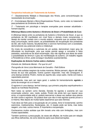 Terapêutica Indicada par Tratamento de Autistas
1º
- Desdobramento Múltiplo e Dissociação dos Níveis, para conscientização da
necessidade da encarnação.
2º
- Cromoterapia Mental e Micro-Organizadores Florais, como visto no tratamento
para portadores da Síndrome de Down.
3º
- Tratamento em psicologia e terapias avançadas para acessar adualidade -
homem-espírito.
Diferença Básica entre Autismo e Síndrome de Down e Probabilidade de Cura
A diferença básica entre os portadores de Autismo e Síndrome de Down, é que os
portadores de SD manifestam em nível físico e demais níveis conscienciais, o
desejo de manter contato com o mundo exterior, enquanto que os autistas inibem
essa comunicação, sendo assim, as probabilidades de recuperação dos portadores
da SD, são muito maiores, facultando-lhes o convívio harmonioso com a sociedade,
demonstrando seu potencial criativo e intelectual.
Os níveis de consciência e subníveis de um autista, demonstram maior grau de
dificuldade na doutrinação, pois que existe grande apego a conceitos e fatos
passados, excluindo-se da atual encarnação, isso não significa que deixe de existir
a possibilidade de diminuir o grau de manifestação do autismo, um trabalho regado
a Persistência e Amor, pode conseguir resultados surpreendentes.
Explicações de Antonio Carlos sobre o Autismo
Extraído de: Deficiente Mental - Por que fui um?
Psicografia de Vera Lúcia Marinzeck de Carvalho - Petit Editora
Temos visto autistas reagirem de muitas maneiras. Muitos pensam, alguns até vêem
lances de sua vida passada. Outros querem responder, mas não conseguem. É
uma doença cerebral. Porém, mente sã, espírito são, corpo sadio, mente com toda a
capacidade possível.
Normalmente, mas sem ser regra geral, o autista foi tremendamente egoísta a
ponto de enxergar só a si mesmo.
O egoísmo é uma doença, terrível doença, que primeiro prejudica espiritualmente e
depois se manifesta fisicamente.
Nem todos se sentem como Daniela. Daniela foi egoísta e avarenta em sua
encarnação anterior, veio, nesta, autista. Porém ela ainda tem que reparar seus
erros, e a oportunidade está aí, poderá reencarnar e dessa vez realizar seus planos
de lutar contra o egoísmo. Só poderá dizer que não é mais egoísta quando provar a
si mesma. Mas depois de muitas lições esperamos que saia vitoriosa.
Tudo deve ser feito para a recuperação de um autista. Amor é fundamental, carinho
exercícios, medicamentos, fisioterapias, etc. A reação pode ser lenta, mas todos
reagem, uns mais, outros menos. É importante a recuperação.
Conhecemos muitos autistas que têm levado uma vida com limitações, mas com
muitas capacidades.
Também sentimos a preocupação, às vezes até aflições, de muitos pais em relação
aos filhos deficientes, de como deixá-los após suas desencarnações.
127
 