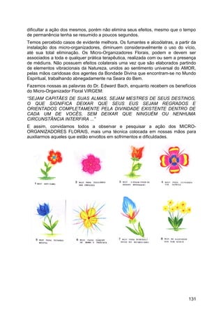 dificultar a ação dos mesmos, porém não elimina seus efeitos, mesmo que o tempo
de permanência tenha se resumido a poucos segundos.
Temos percebido casos de evidente melhora. Os fumantes e alcoólatras, a partir da
instalação dos micro-organizadores, diminuem consideravelmente o uso do vício,
até sua total eliminação. Os Micro-Organizadores Florais, podem e devem ser
associados a toda e qualquer prática terapêutica, realizada com ou sem a presença
de médiuns. Não possuem efeitos colaterais uma vez que são elaborados partindo
de elementos vibracionais da Natureza, unidos ao sentimento universal do AMOR,
pelas mãos caridosas dos agentes da Bondade Divina que encontram-se no Mundo
Espiritual, trabalhando abnegadamente na Seara do Bem.
Fazemos nossas as palavras do Dr. Edward Bach, enquanto recebem os benefícios
do Micro-Organizador Floral VIRGEM:
“SEJAM CAPITÃES DE SUAS ALMAS, SEJAM MESTRES DE SEUS DESTINOS,
O QUE SIGNIFICA DEIXAR QUE SEUS EUS SEJAM REGRADOS E
ORIENTADOS COMPLETAMENTE PELA DIVINDADE EXISTENTE DENTRO DE
CADA UM DE VOCÊS, SEM DEIXAR QUE NINGUÉM OU NENHUMA
CIRCUNSTÂNCIA INTERFIRA ...”
E assim, convidamos todos a observar e pesquisar a ação dos MICRO-
ORGANIZADORES FLORAIS, mais uma técnica colocada em nossas mãos para
auxiliarmos aqueles que estão envoltos em sofrimentos e dificuldades.
131
 