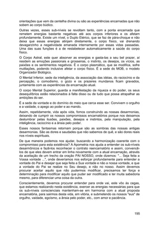 orientações que vem da centelha divina ou são as experiências encarnadas que não
sobem ao corpo búdico.
Outras vezes, esses sub-níveis se revoltam tanto, com a ponta encarnada que
remetem energias bastante negativas até aos corpos inferiores e os afetam
profundamente. Existe um nível, o Duplo Etérico, que se faz de pára-choque e não
deixa que essas energias atinjam diretamente, o corpo físico, vai drenando
devagarzinho a negatividade emanada internamente por essas vidas passadas.
Uma das suas funções é a de restabelecer automaticamente a saúde do corpo
físico.
O Corpo Astral, este quer absorver as energias e gasta-las a seu bel prazer, aí
residem as emoções passionais e grosseiras, o instinto, os desejos, os vícios, as
paixões e os sentimentos negativos. É o corpo plasmático, que se modifica, sofre
mutilações, podendo inclusive afetar o corpo físico. É a sede do MOB, o modelo
Organizador Biológico.
O Mental Inferior, sede da inteligência, da associação das idéias, do raciocínio e da
percepção, o comodismo, o gozo e os prazeres mundanos ficam gravados,
juntamente com as experiências da encarnação atual.
O corpo Mental Superior, guarda a manifestação da riqueza e do poder, os seus
desequilíbrios estão relacionados à falta disso ou de tudo que possa atrapalhar as
ambições do ser.
É a sede da vontade e do domínio do meio que cerca esse ser. Convivem o orgulho
e a vaidade, o apego ao poder e ao mando.
Assim, repetidamente, vida após vida, fomos construindo as nossas desarmonias,
deixando de cumprir os nossos compromissos encarnatórios porque nos deixamos
deslumbrar pelas ilusões, paixões, desejos e instintos, pela manipulação, pela
inteligência, raciocínio e a ânsia pelo poder.
Esses nossos fantasmas retornam porque são as sombras das nossas antigas
desarmonias. São as dores e saudades que não sabemos de quê, e são dores reais
nos níveis espirituais.
De que maneira podemos nos ajudar, buscando a harmonização coerente com o
compromisso para esta existência? A Apometria nos ajuda a entender os sub-níveis
desarmônicos e fazê-los reconhecer o contrato reencarnatório e assim, convencê-
los de que eles devem entrar em linha novamente com a atual encarnação, através
da aceitação de um trecho da oração PAI NOSSO, onde dizemos: "... Seja feita a
Vossa vontade ...", onde deveríamos nos esforçar profundamente para entender a
vontade do Pai e desejar que seja feita a Sua vontade e não a nossa vontade, e que
a vontade do Pai se realize no Seu desejo, e não no nosso. Assim devemos
procurar aceitar aquilo que não pudermos modificar, precisamos ter força e
determinação para modificar aquilo que puder ser modificado e ter muita sabedoria
mesmo, para diferenciar uma coisa da outra.
Conscientemente, devemos procurar entender para onde vai, este vôo às cegas,
que estamos realizando nesta existência, exercer as energias necessárias para que
os sub-níveis conscienciais mantenham-se em harmonia com a atual proposta
encarnatória, para sairmos desta vida, em vitória, e submetendo os nossos "eus" de
orgulho, vaidade, egoísmo, a ânsia pelo poder, etc., com amor e paciência.
195
 