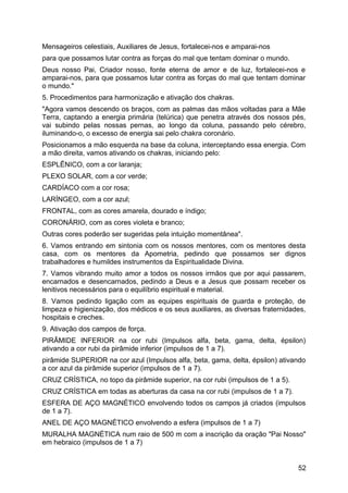 Mensageiros celestiais, Auxiliares de Jesus, fortalecei-nos e amparai-nos
para que possamos lutar contra as forças do mal que tentam dominar o mundo.
Deus nosso Pai, Criador nosso, fonte eterna de amor e de luz, fortalecei-nos e
amparai-nos, para que possamos lutar contra as forças do mal que tentam dominar
o mundo."
5. Procedimentos para harmonização e ativação dos chakras.
"Agora vamos descendo os braços, com as palmas das mãos voltadas para a Mãe
Terra, captando a energia primária (telúrica) que penetra através dos nossos pés,
vai subindo pelas nossas pernas, ao longo da coluna, passando pelo cérebro,
iluminando-o, o excesso de energia sai pelo chakra coronário.
Posicionamos a mão esquerda na base da coluna, interceptando essa energia. Com
a mão direita, vamos ativando os chakras, iniciando pelo:
ESPLÊNICO, com a cor laranja;
PLEXO SOLAR, com a cor verde;
CARDÍACO com a cor rosa;
LARÍNGEO, com a cor azul;
FRONTAL, com as cores amarela, dourado e índigo;
CORONÁRIO, com as cores violeta e branco;
Outras cores poderão ser sugeridas pela intuição momentânea".
6. Vamos entrando em sintonia com os nossos mentores, com os mentores desta
casa, com os mentores da Apometria, pedindo que possamos ser dignos
trabalhadores e humildes instrumentos da Espiritualidade Divina.
7. Vamos vibrando muito amor a todos os nossos irmãos que por aqui passarem,
encarnados e desencarnados, pedindo a Deus e a Jesus que possam receber os
lenitivos necessários para o equilíbrio espiritual e material.
8. Vamos pedindo ligação com as equipes espirituais de guarda e proteção, de
limpeza e higienização, dos médicos e os seus auxiliares, as diversas fraternidades,
hospitais e creches.
9. Ativação dos campos de força.
PIRÂMIDE INFERIOR na cor rubi (Impulsos alfa, beta, gama, delta, épsilon)
ativando a cor rubi da pirâmide inferior (impulsos de 1 a 7).
pirâmide SUPERIOR na cor azul (Impulsos alfa, beta, gama, delta, épsilon) ativando
a cor azul da pirâmide superior (impulsos de 1 a 7).
CRUZ CRÍSTICA, no topo da pirâmide superior, na cor rubi (impulsos de 1 a 5).
CRUZ CRÍSTICA em todas as aberturas da casa na cor rubi (impulsos de 1 a 7).
ESFERA DE AÇO MAGNÉTICO envolvendo todos os campos já criados (impulsos
de 1 a 7).
ANEL DE AÇO MAGNÉTICO envolvendo a esfera (impulsos de 1 a 7)
MURALHA MAGNÉTICA num raio de 500 m com a inscrição da oração "Pai Nosso"
em hebraico (impulsos de 1 a 7)
52
 