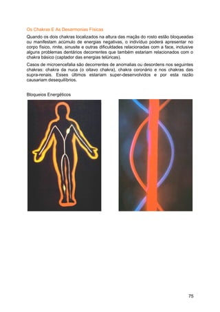 Os Chakras E As Desarmonias Físicas
Quando os dois chakras localizados na altura das maçãs do rosto estão bloqueadas
ou manifestam acúmulo de energias negativas, o indivíduo poderá apresentar no
corpo físico, rinite, sinusite e outras dificuldades relacionadas com a face, inclusive
alguns problemas dentários decorrentes que também estariam relacionados com o
chakra básico (captador das energias telúricas).
Casos de microencefalia são decorrentes de anomalias ou desordens nos seguintes
chakras: chakra da nuca (o oitavo chakra), chakra coronário e nos chakras das
supra-renais. Esses últimos estariam super-desenvolvidos e por esta razão
causariam desequilíbrios.
Bloqueios Energéticos
75
 