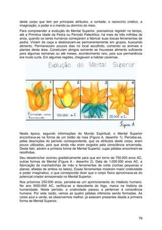 deste corpo que tem por principais atributos, a vontade, o raciocínio criativo, a
imaginação, o poder e o mando ou domínio do meio.
Para compreender a evolução do Mental Superior, precisamos regredir no tempo,
até a Primitiva Idade da Pedra ou Período Paleolítico, há mais de três milhões de
anos, quando os seres humanos começaram a fabricar suas toscas ferramentas de
pedra. Viviam da caça e deslocavam-se permanentemente em grupos, buscando
alimento. Permaneciam poucos dias no local escolhido, comendo os animais e
plantas desta área. Construíam abrigos somente se houvesse alimento suficiente
para algumas semanas ou até meses, acontecimento raro, pois sua permanência
era muito curta. Em algumas regiões, chegavam a habitar cavernas.
Nesta época, segundo informações do Mundo Espiritual, o Mental Superior
encontrava-se na forma de um botão de rosa (Figura A, desenho 1). Percebe-se,
pelas descrições do período correspondente, que os atributos deste corpo, eram
pouco utilizados, pois que ainda não eram exigidos pela consciência encarnada.
Deste fato, advém a primeira forma de Mental Superior, cujas pétalas encontram-se
recolhidas.
Seu desabrochar ocorreu gradativamente para que em torno de 750.000 anos AC,
outras formas de Mental (Figura A - desenho 2). Data de 1.000.000 anos AC, a
fabricação de machadinhas de mão e ferramentas de corte (rochas pequenas e
planas, afiadas de ambos os lados). Essas ferramentas mostram maior criatividade
e poder imaginativo, o que corresponde dizer que o corpo físico aproximava-se do
potencial criador armazenado no Mental Superior.
Nos próximos 250.000 anos, percebe-se um aprimoramento do intelecto humano.
No ano 5000.000 AC, verifica-se a descoberta do fogo, marco na história da
humanidade. Neste período, a criatividade passou a pertencer à consciência
humana. Por esta razão, vemos as quatro pétalas inferiores sendo formadas. As
cores azul e verde, se observarmos melhor, já estavam presentes desde a primeira
forma de Mental Superior.
79
 