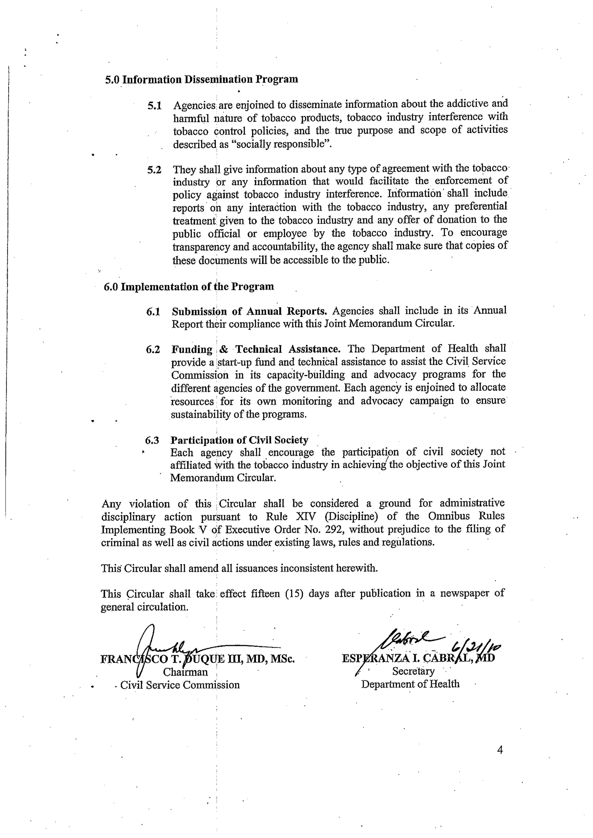 Joint Memorandum Circular No. 2010-01 (DOH and CSC)