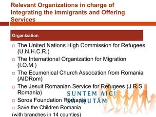 Relevant Organizations in charge of
Integrating the immigrants and Offering
Services
 The United Nations High Commission for Refugees
(U.N.H.C.R.)
 The International Organization for Migration
(I.O.M.)
 The Ecumenical Church Assocation from Romania
(AIDRom)
 The Jesuit Romanian Service for Refugees (J.R.S.
Romania)
 Soros Foundation Romania
 Save the Children Romania
(with branches in 14 counties)
Organization
 