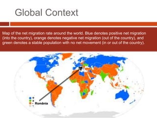 Global Context
Map of the net migration rate around the world. Blue denotes positive net migration
(into the country), orange denotes negative net migration (out of the country), and
green denotes a stable population with no net movement (in or out of the country).
România
 