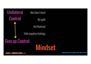 Unilateral 
Control 
© .com @agileambulance @deborahh @zurcherart 
16 
Give up Control 
Win (don’t lose) 
Be right 
Act Rational 
Hide negative feelings 
Mindset 
 