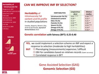 CAN WE IMPROVE IMF BY SELECTION?
HERITABILITIES
Longissimus
dorsi
Gluteus
medius
Intramuscular fat (%) 0.65 **** 0.58 ****
Cholesterol content 0.20 * 0.22 *
Oleic FA (%) 0.15 * 0.21 *
Palmitic FA (%) 0.30 ** 0.30 **
Stearic FA (%) 0.33 *** 0.53 ***
Omega 6 FA (%) 0.14 n.s. 0.14 *
Omega 3 FA (%) 0.14 n.s. 0.16 *
Heritability of
intramuscular fat
content and FA profile
in studied populations
Casellas, Noguera, Reixach, Díaz,
Amills & Quintanilla. Journal of
Animal Science 2010.
Heritability of
intramuscular fat
Knapp et al. 1997
0.38 (LW) 0.67 (LD) 0.32 (Pi)
Larzul et al. 1997
0.44 (LW)
Hermesch et al. 2000
0.35 (LW & LD)
Fernández et al. 2003
0.25 (IB)
Suzuki et al. 2005
0.39 (Du)
YES, we could implement a selection scheme on IMF and expect a
response to selection (moderate to high heritabilities)
BUT  Phenotyping (measurements) expensive / difficult
 EBV for candidates based on relatives records (lower accuracy)
 Correlated response in BFT
Genetic correlation with fatness (BFT): 0.25-0.40
Gene Assisted Selection (GAS)
Genomic Selection (GS)
Genetic gain
Generation
N+1
Selection
 