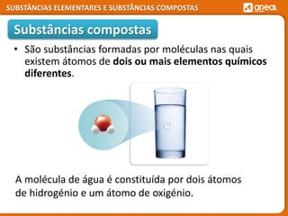 SUBSTÂNCIAS ELEMENTARES E SUBSTÂNCIAS COMPOSTAS
• São substâncias formadas por moléculas nas quais
existem átomos de dois ou mais elementos químicos
diferentes.
Substâncias compostas
A molécula de água é constituída por dois átomos
de hidrogénio e um átomo de oxigénio.
 