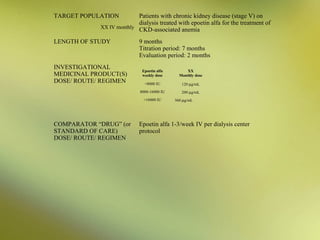 TARGET POPULATION

Patients with chronic kidney disease (stage V) on
dialysis treated with epoetin alfa for the treatment of
XX IV monthly
CKD-associated anemia

LENGTH OF STUDY

INVESTIGATIONAL
MEDICINAL PRODUCT(S)
DOSE/ ROUTE/ REGIMEN

9 months
Titration period: 7 months
Evaluation period: 2 months
Epoetin alfa
weekly dose

XX
Monthly dose

<8000 IU

120 µg/mL

8000-16000 IU

200 µg/mL

>16000 IU

COMPARATOR “DRUG” (or
STANDARD OF CARE)
DOSE/ ROUTE/ REGIMEN

360 µg/mL

Epoetin alfa 1-3/week IV per dialysis center
protocol

 