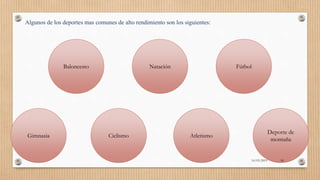 Algunos de los deportes mas comunes de alto rendimiento son los siguientes:
NataciónBaloncesto
Ciclismo AtletismoGimnasia
Deporte de
montaña
Fútbol
16/03/2019 18
 